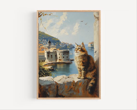 Long Haired Cat Overlooking Dubrovnik Harbor Croatia Art Poster