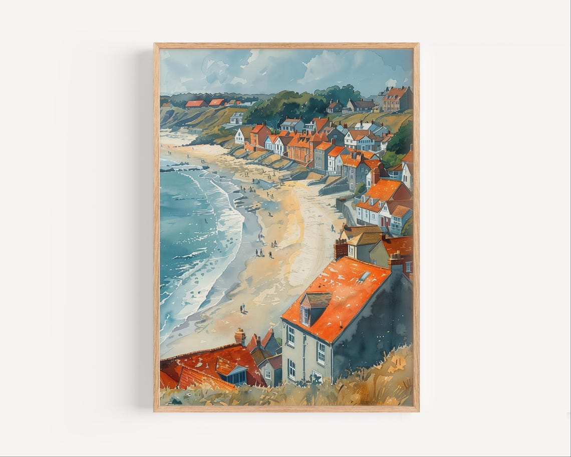 Saltburn by the Sea Village Beach Watercolor English Coast Poster
