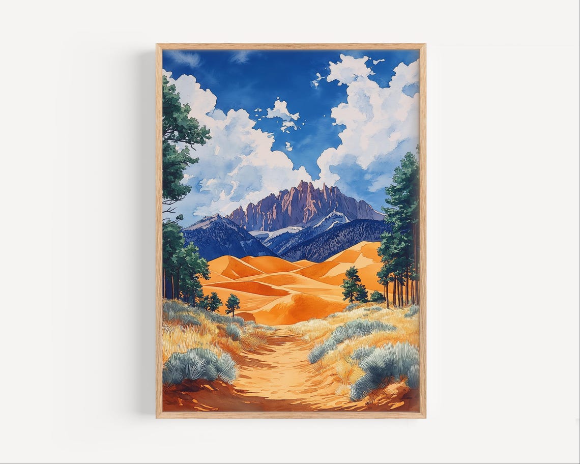 Great Sand Dunes and Jagged Mountains Southwest Watercolor Art Poster