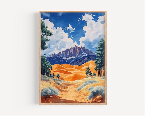 Great Sand Dunes and Jagged Mountains Southwest Watercolor Art Poster