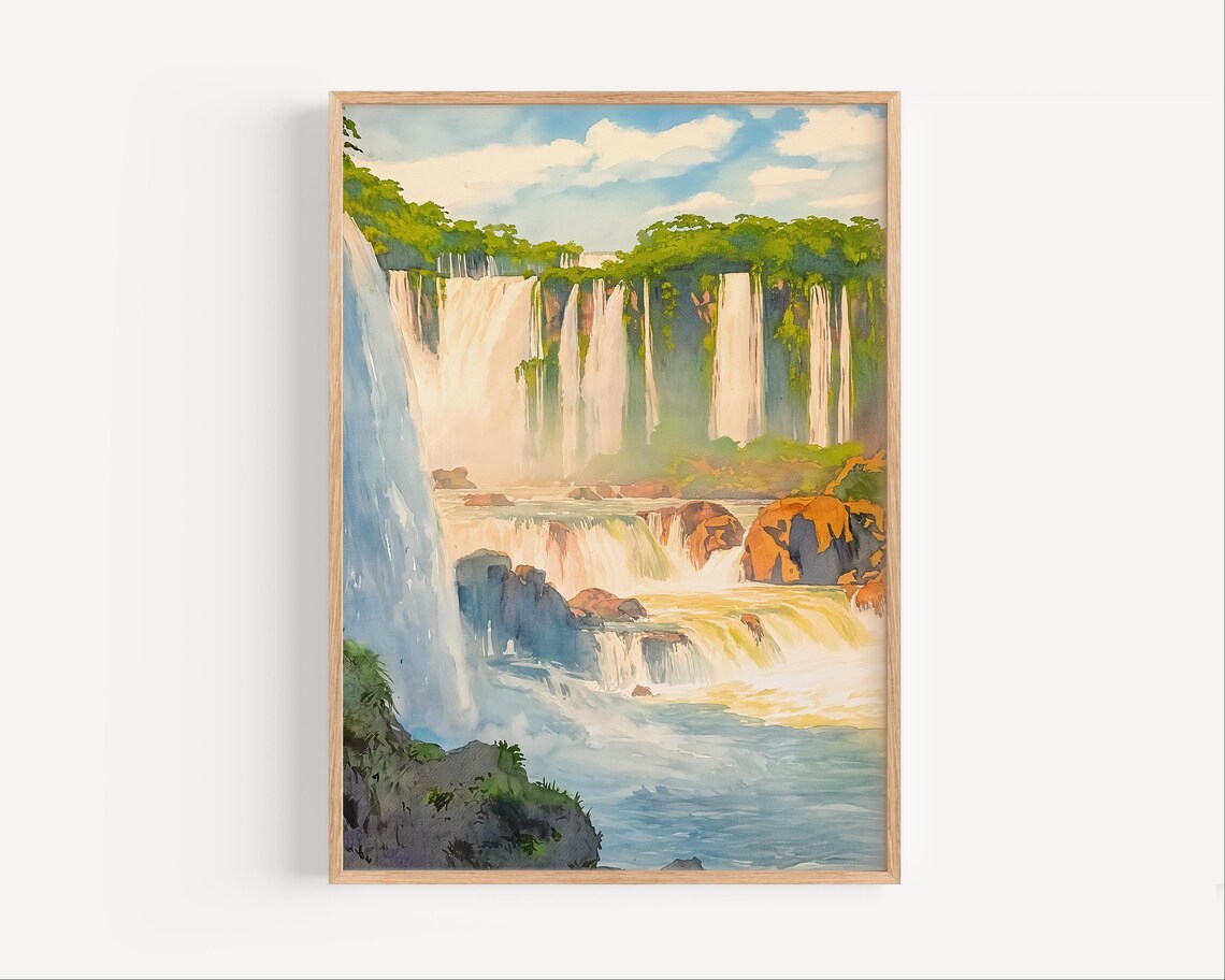 Iguazu Falls Pastel Watercolor Majestic Jungle Waterfall Poster