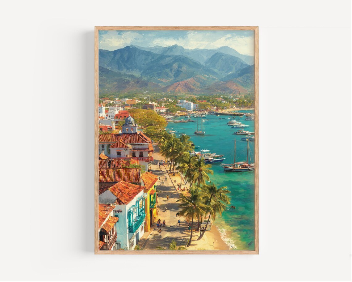 Seaside Marina Town Colorful Rooftop Harbor Watercolor Travel Decor Poster