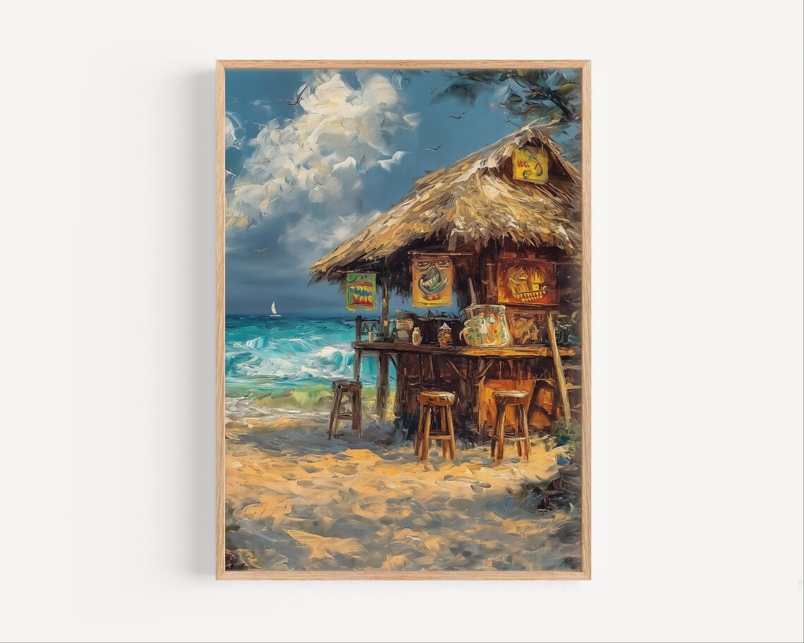 Tropical Tiki Bar Thatched Beach Hut Ocean Surf Coastal Painting Poster
