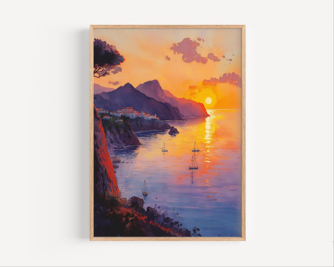 Coastal Cliffs At Sunset Sailboats Mediterranean Sea Art Poster