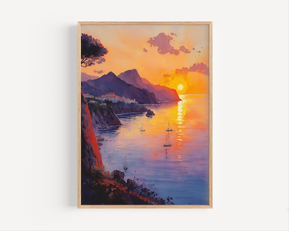 Coastal Cliffs At Sunset Sailboats Mediterranean Sea Art Poster