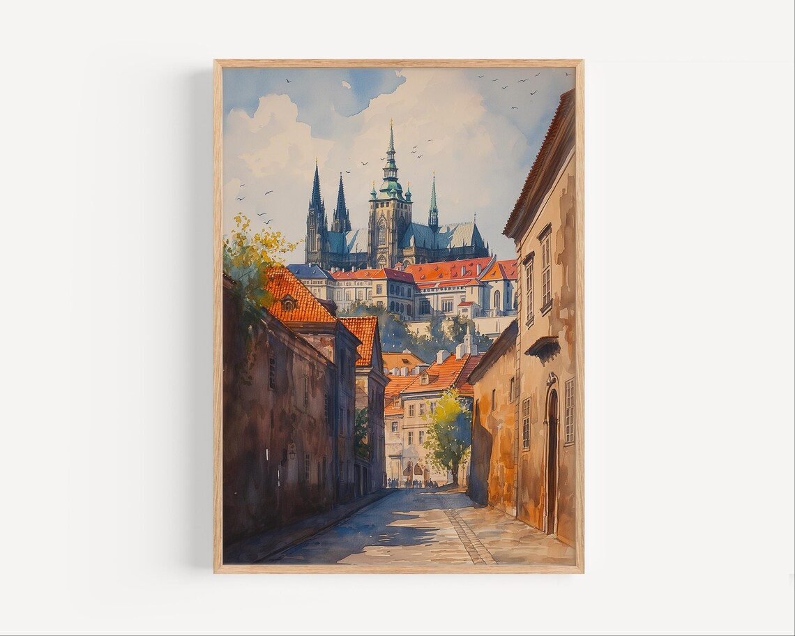 Prague Old Town Street with Castle and Cathedral Watercolor Poster
