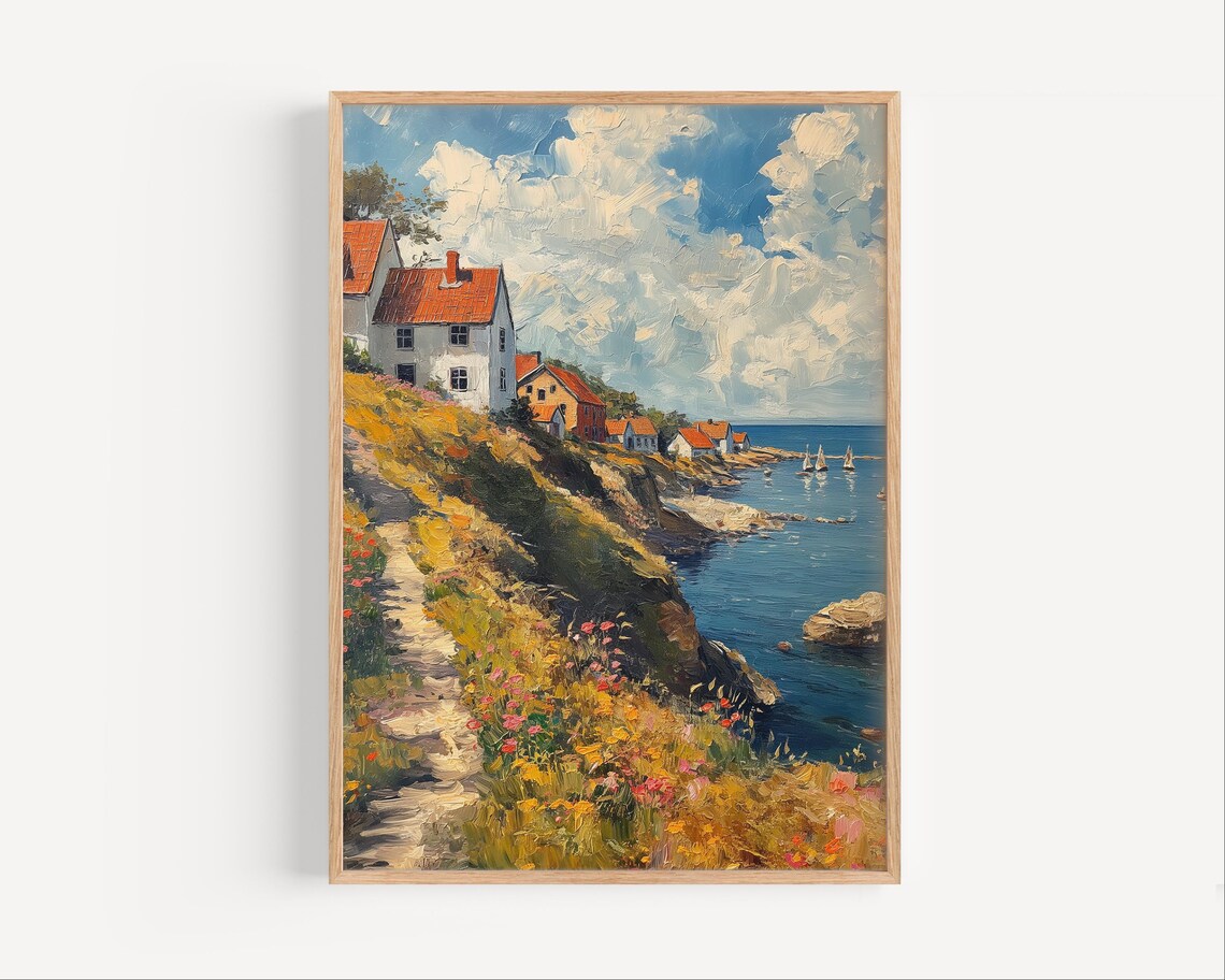 Bornholm Denmark Coastal Village Red Roof Houses Sailboats Oil Paint Poster