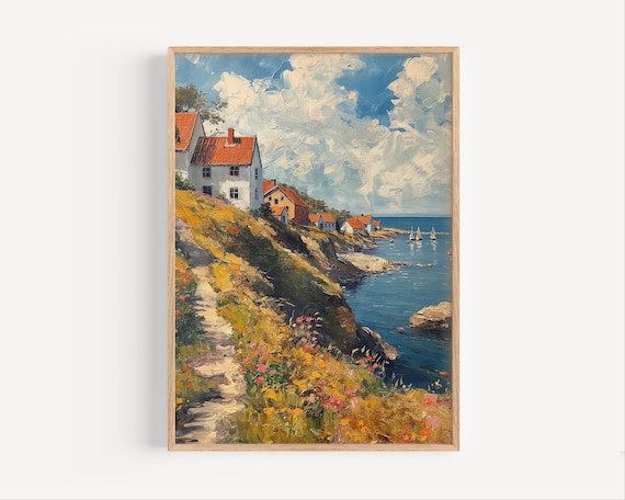 Bornholm Denmark Coastal Village Red Roof Houses Sailboats Oil Paint Poster