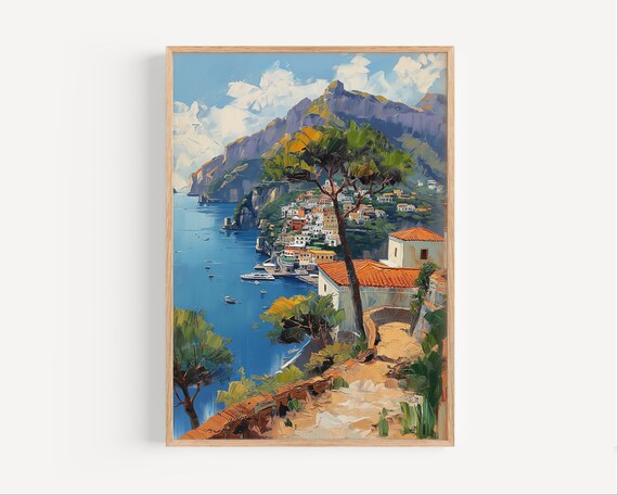Italian Harbor Town with Pine Trees and Mountains Scenic Painting Poster