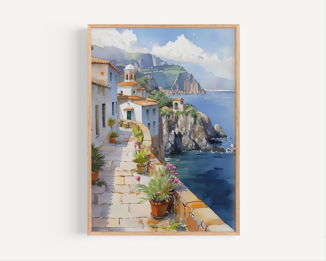 Italian Cliffside Village Watercolor Church Sea Coast Travel Poster