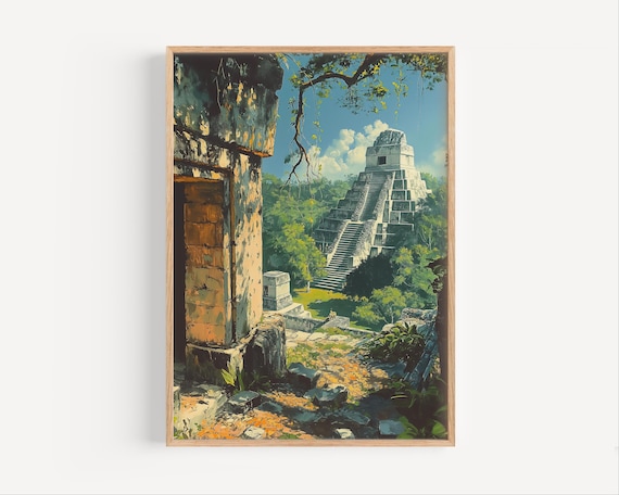 Tikal Guatemala Ancient Mayan Pyramid Jungle Ruins Painting Poster