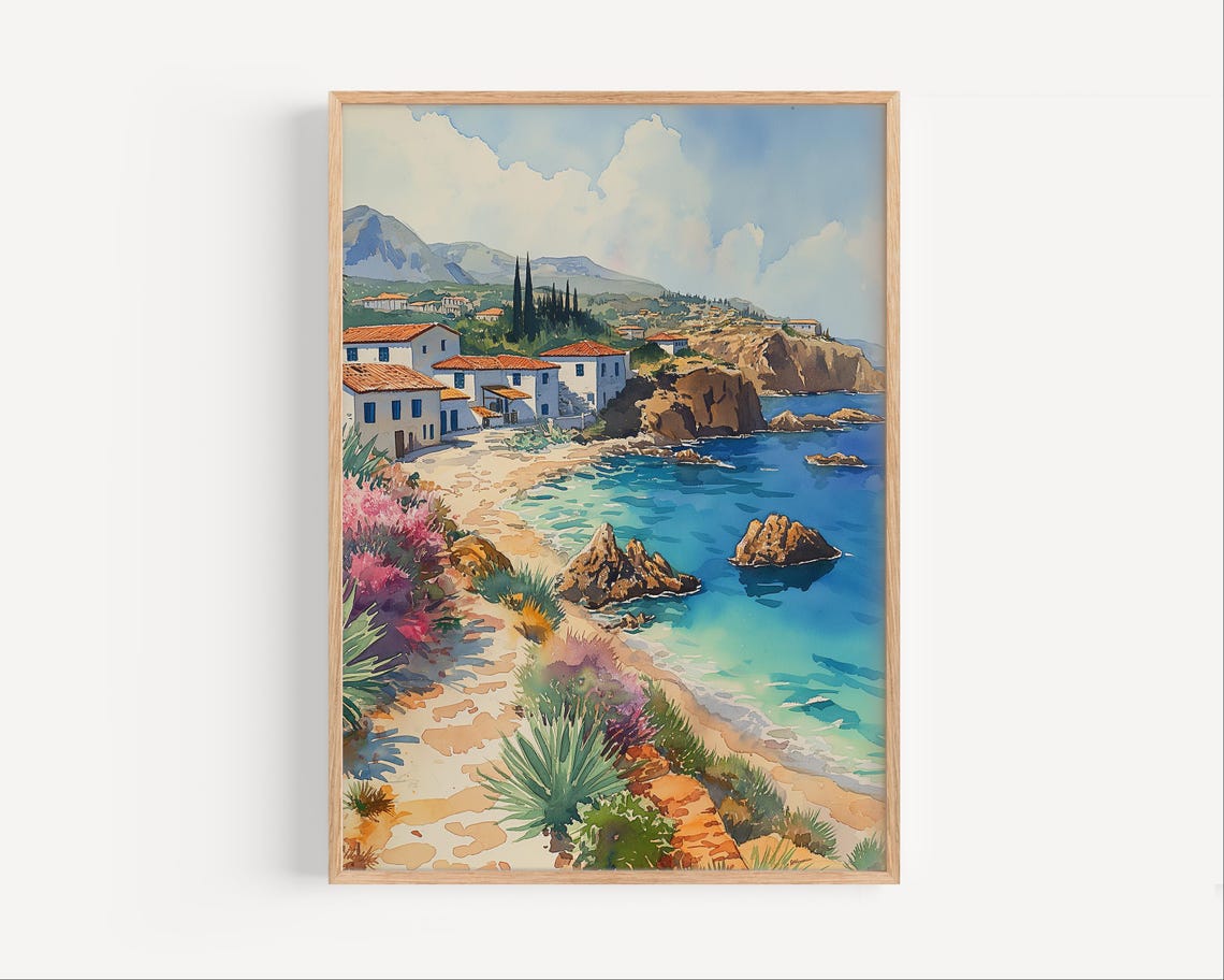 Paphos Cyprus Mediterranean Coastal Village Watercolor Travel Poster
