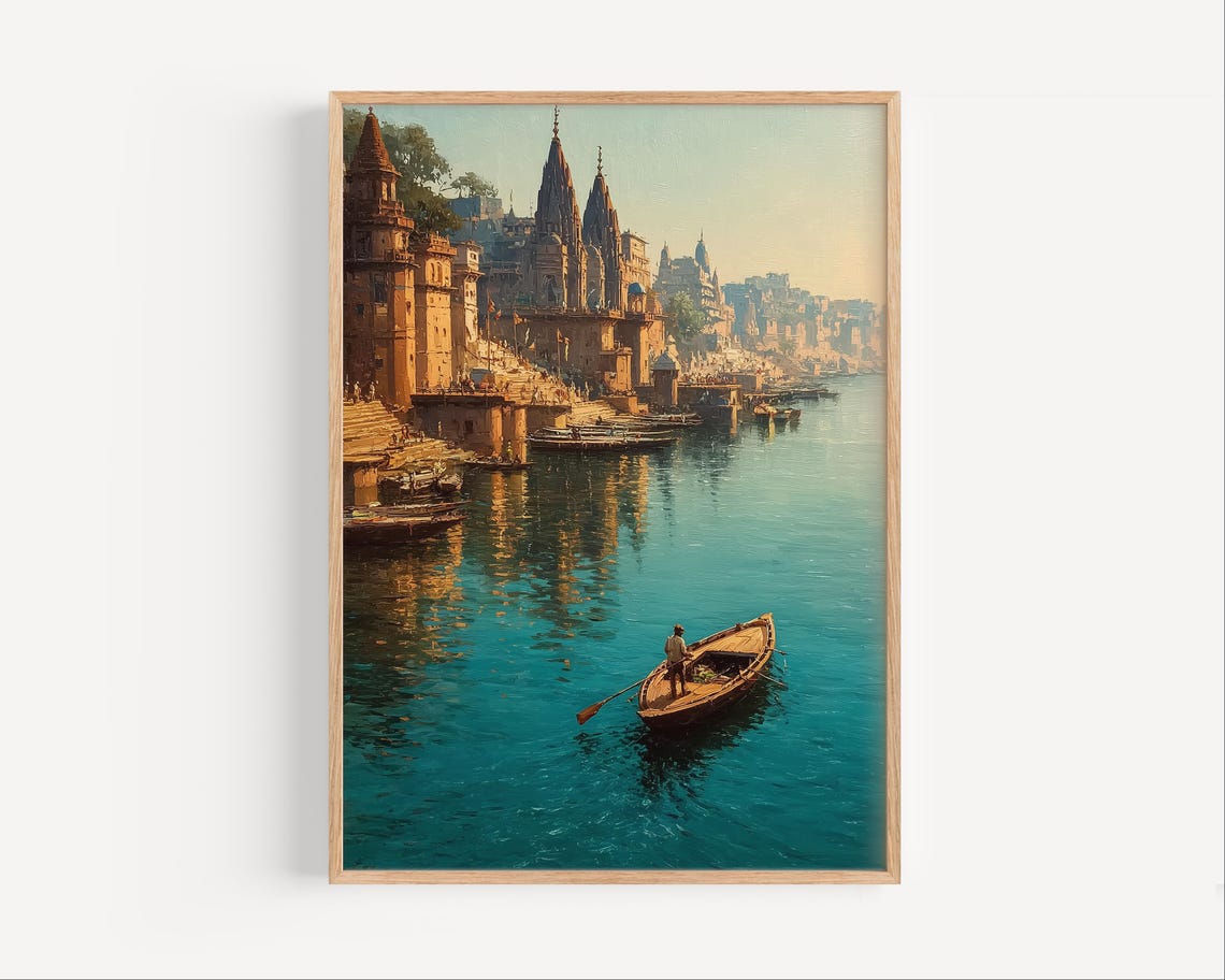 Indian Riverside Temples With Boat Vintage Travel Painting Poster