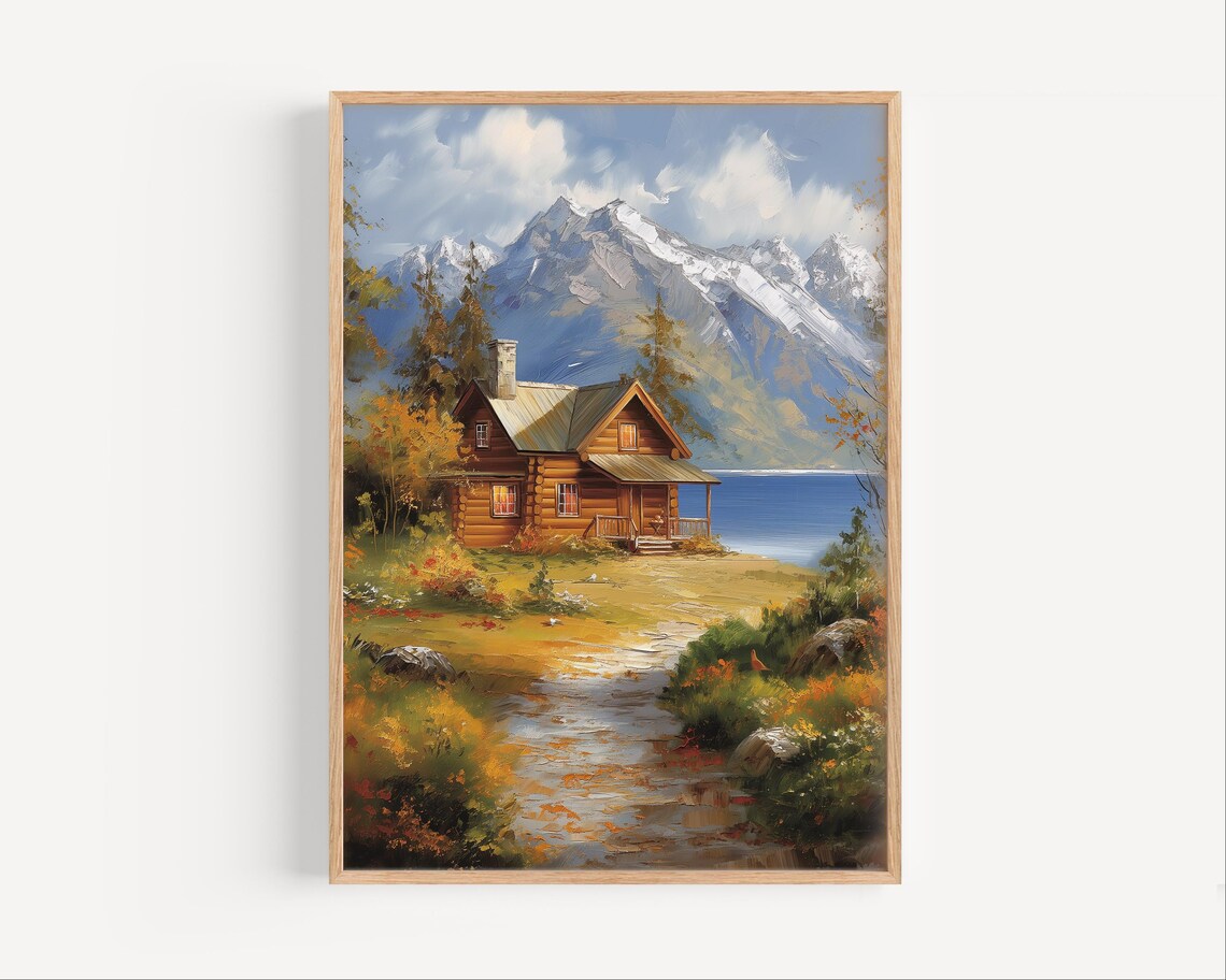 Alaska Seaside Log Cabin Snowy Peaks Autumn Oil Painting Poster