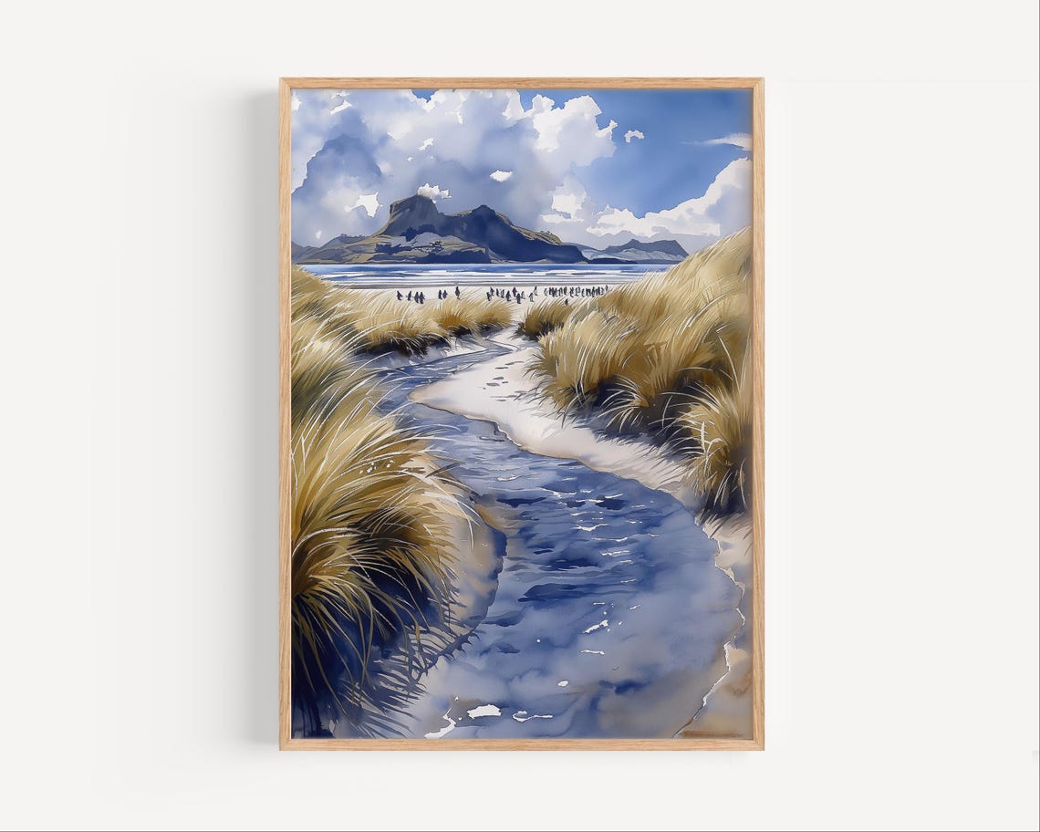 Falkland Islands Penguins Beach Dunes Watercolor Wildlife Poster