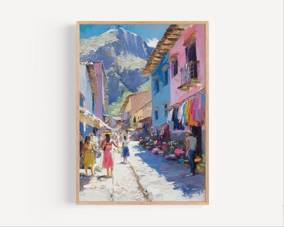 Peruvian Street Market Oil Painting Peru Vibrant Poster Print Or Canvas Travel Wall Art Gift Impressionist Paint Style
