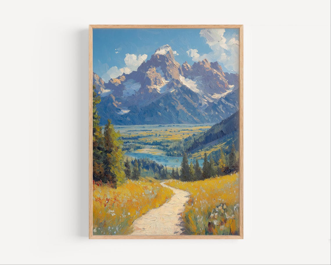 Snowcapped Mountain Valley Wildflower Path Lake Oil Painting Poster