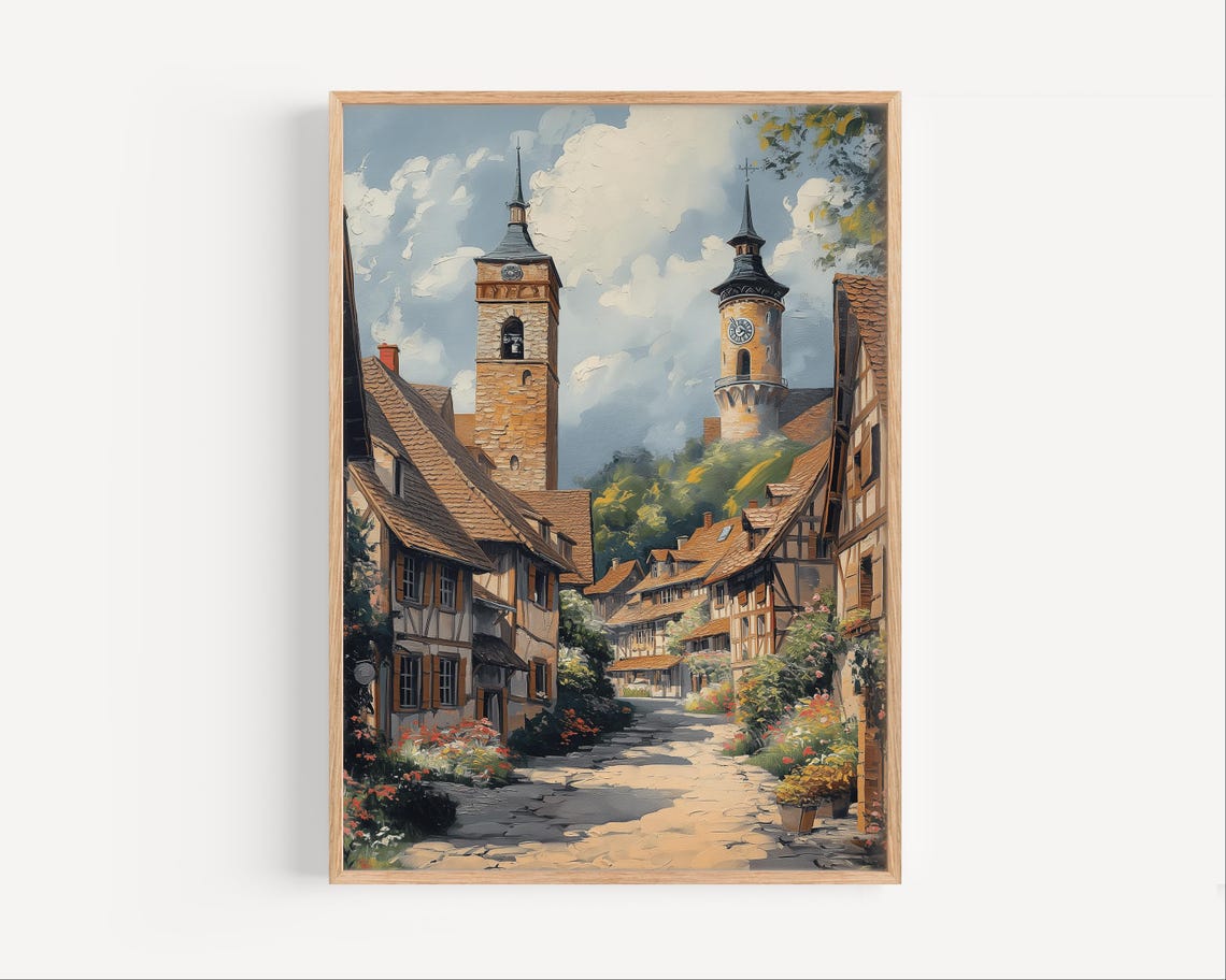 European Old Town Twin Church Towers Half Timbered Street Poster