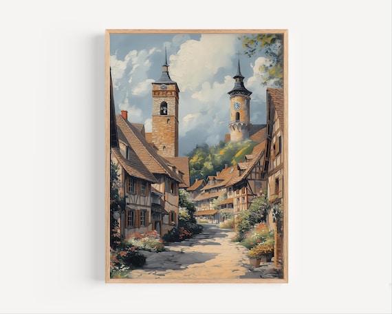 European Old Town Twin Church Towers Half Timbered Street Poster