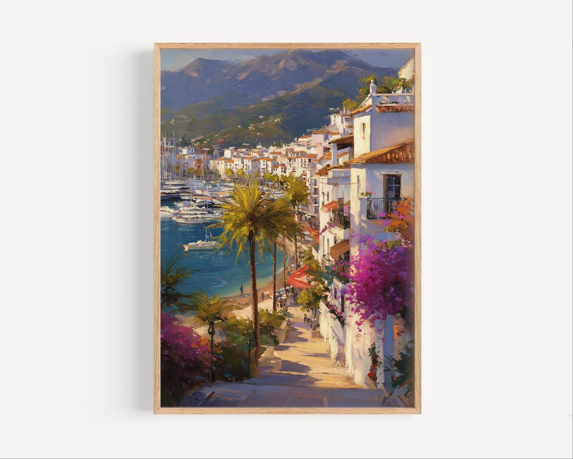 Marbella Old Town Street Bougainvillea Oil Painting Spain Poster