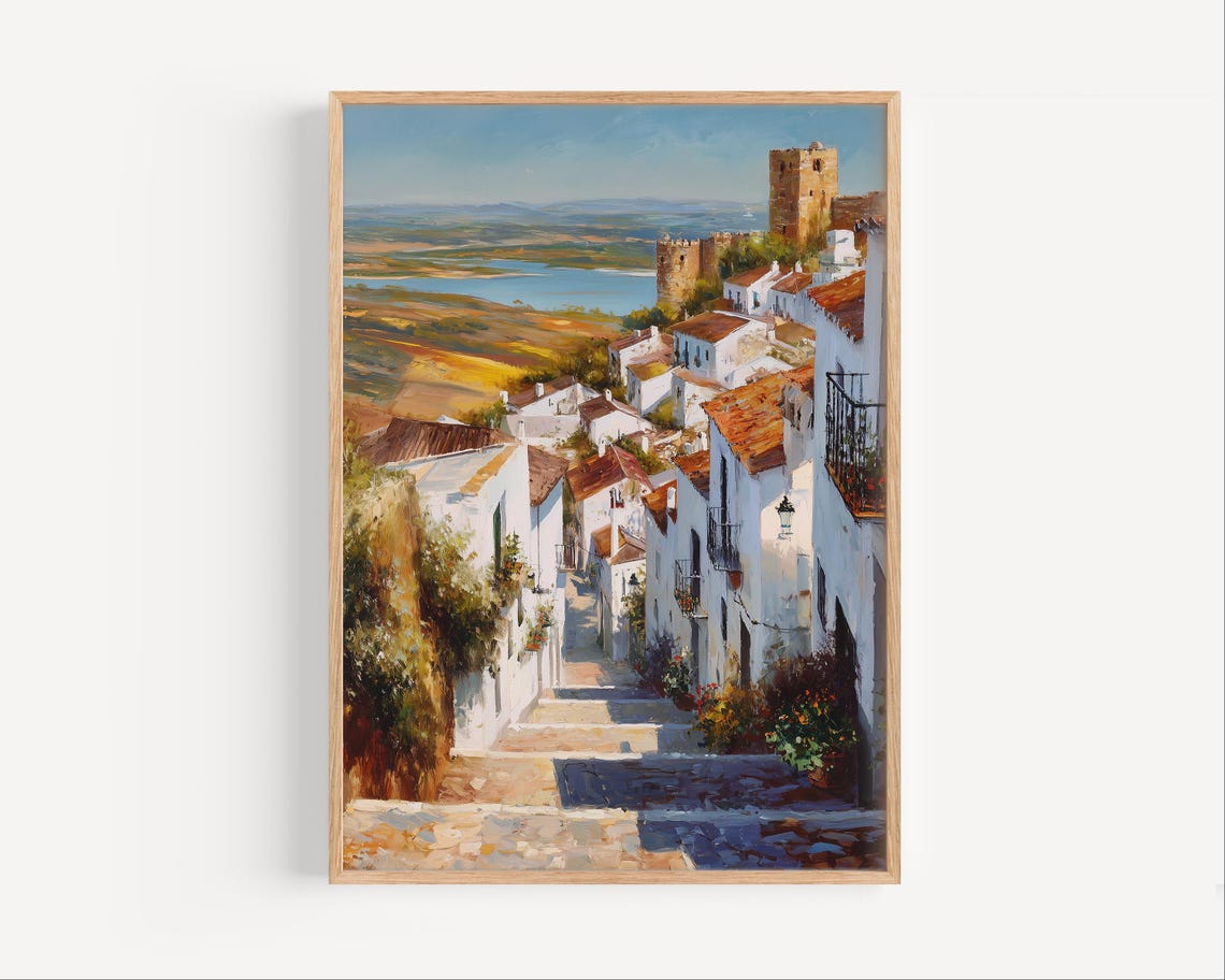 Monsaraz Portugal Whitewashed Hilltop Village Oil Painting Poster