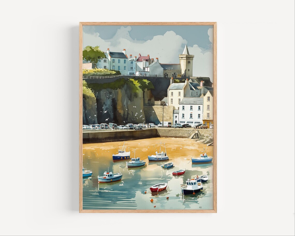 Tenby Wales Harbor Watercolor Fishing Boats Cliffside Town Poster