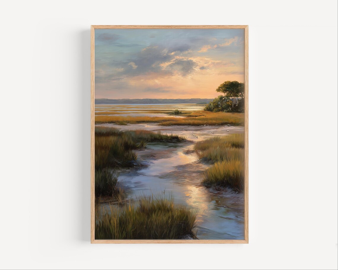 East Coast Salt Marsh Oil Painting Print, Carolina Coast