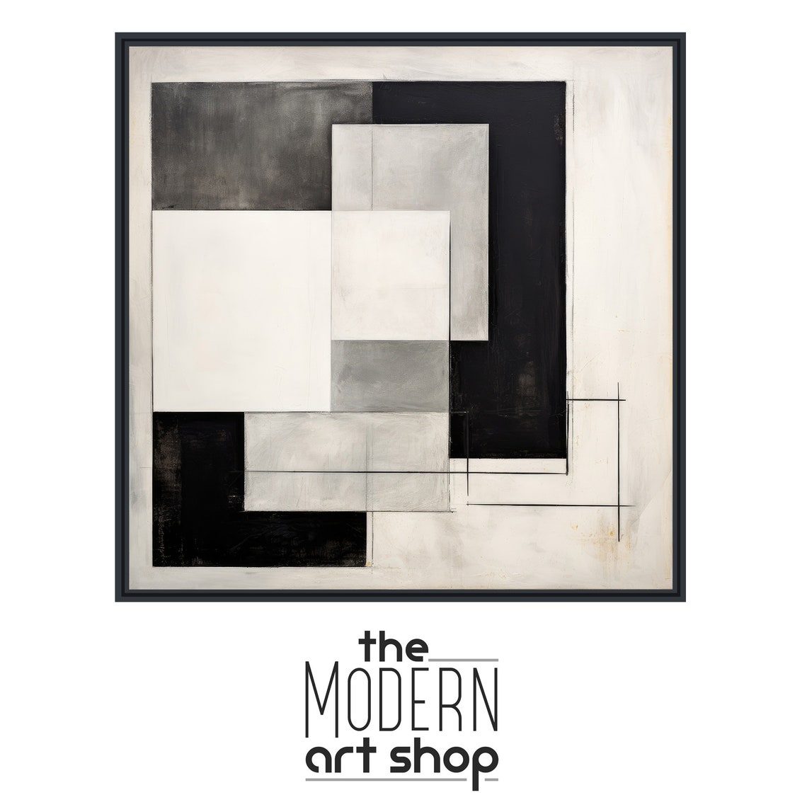 Black and White Overlapping Rectangles Minimalist Abstract Print - Image 4