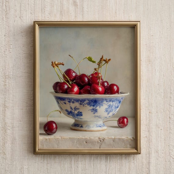 Vintage Cherry Still Life Print, Cottage Core Kitchen Decor