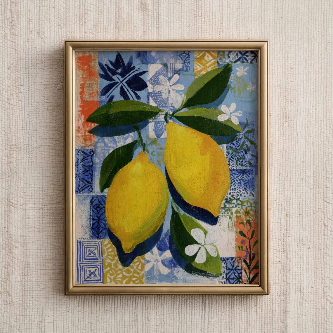 Lemon Branch Mediterranean Tile Pattern Citrus Painting Poster