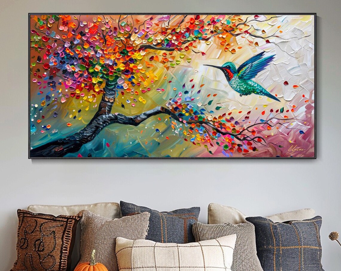 Colorful Hummingbird Tree Scenery, Impressionist Art Print