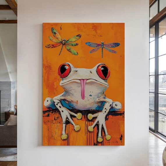 Colorful Tree Frog Dragonflies Pop Art Orange Background Whimsy Poster