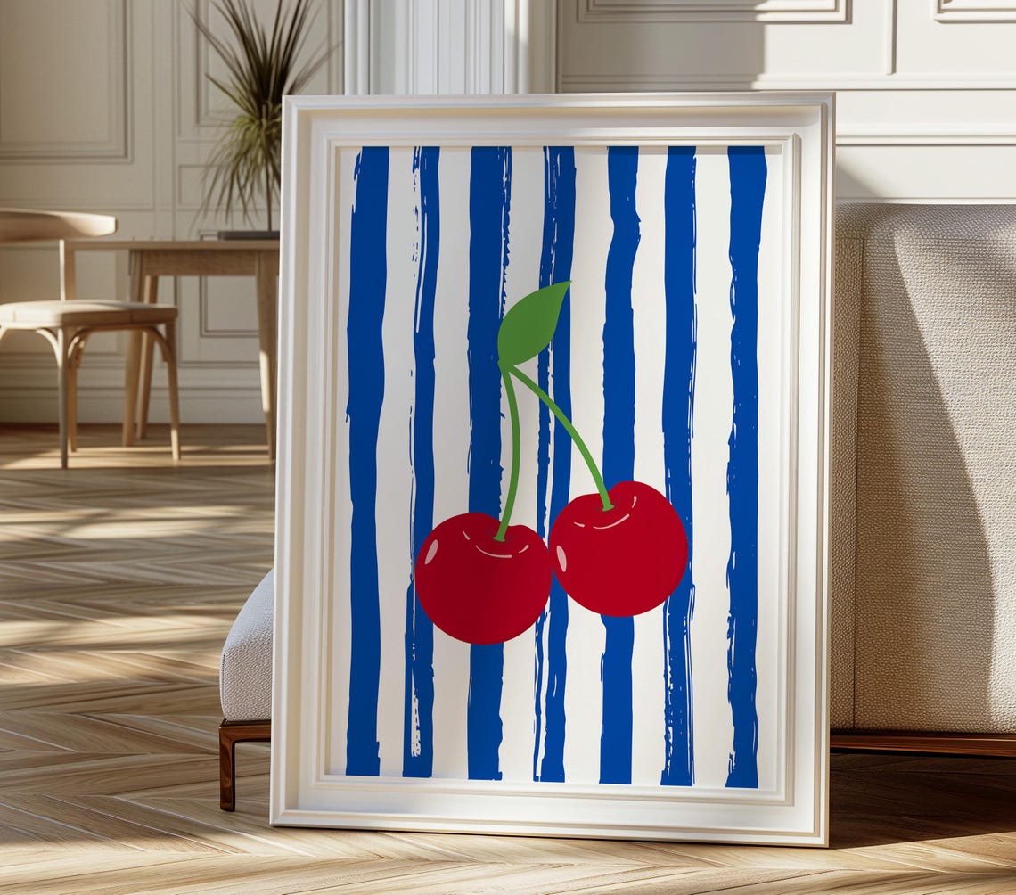 Red Cherries Blue Striped Preppy Kitchen Fruit Pop Art Print - Image 2