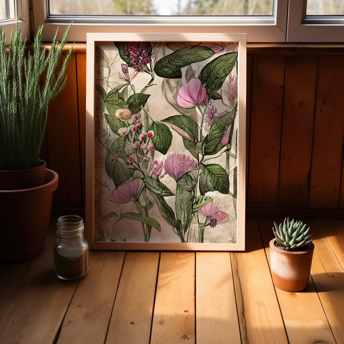 Vintage Botanical Pink Blossom Green Leaves Nature Art Poster - Image 4