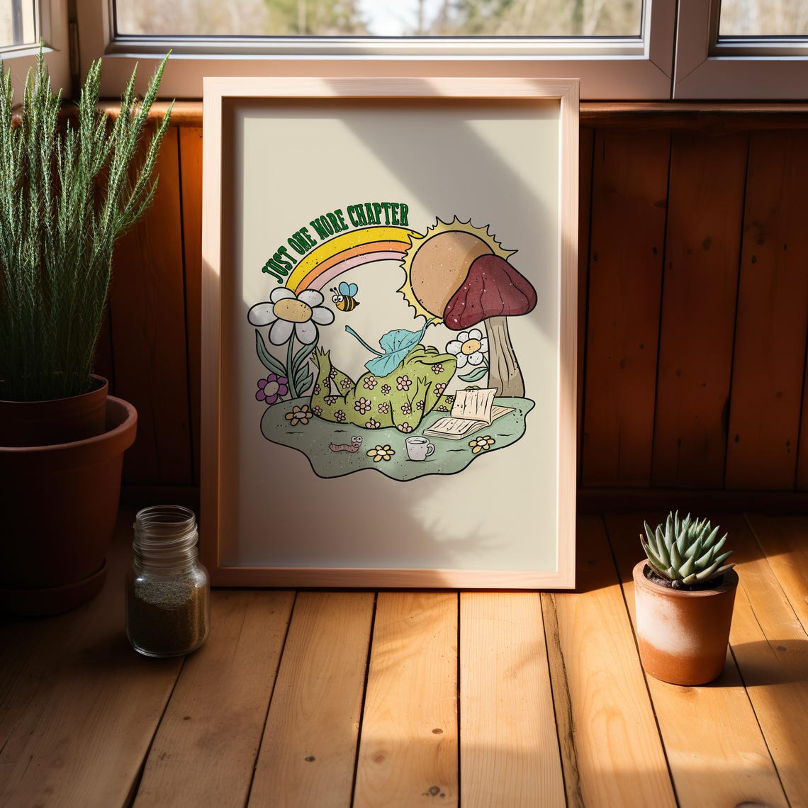 Just One More Chapter Frog Reading Book Rainbow Retro Funny Poster - Image 4