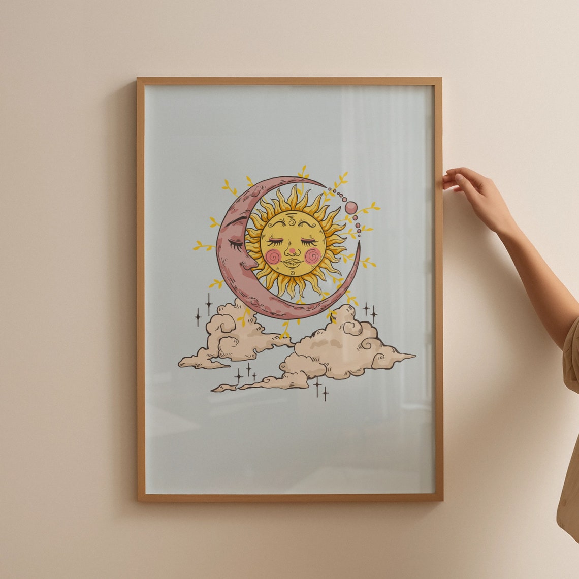 Celestial Sun Moon Faces Dreamy Vintage Witchy Hippie Art Poster - Image 4