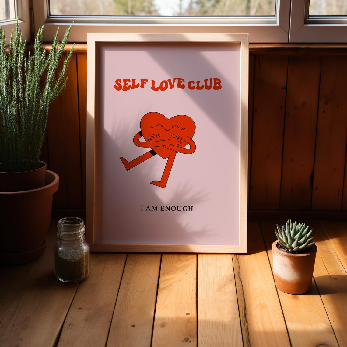 Self Love Club I Am Enough Cute Pink Hugging Heart Quote Poster - Image 4
