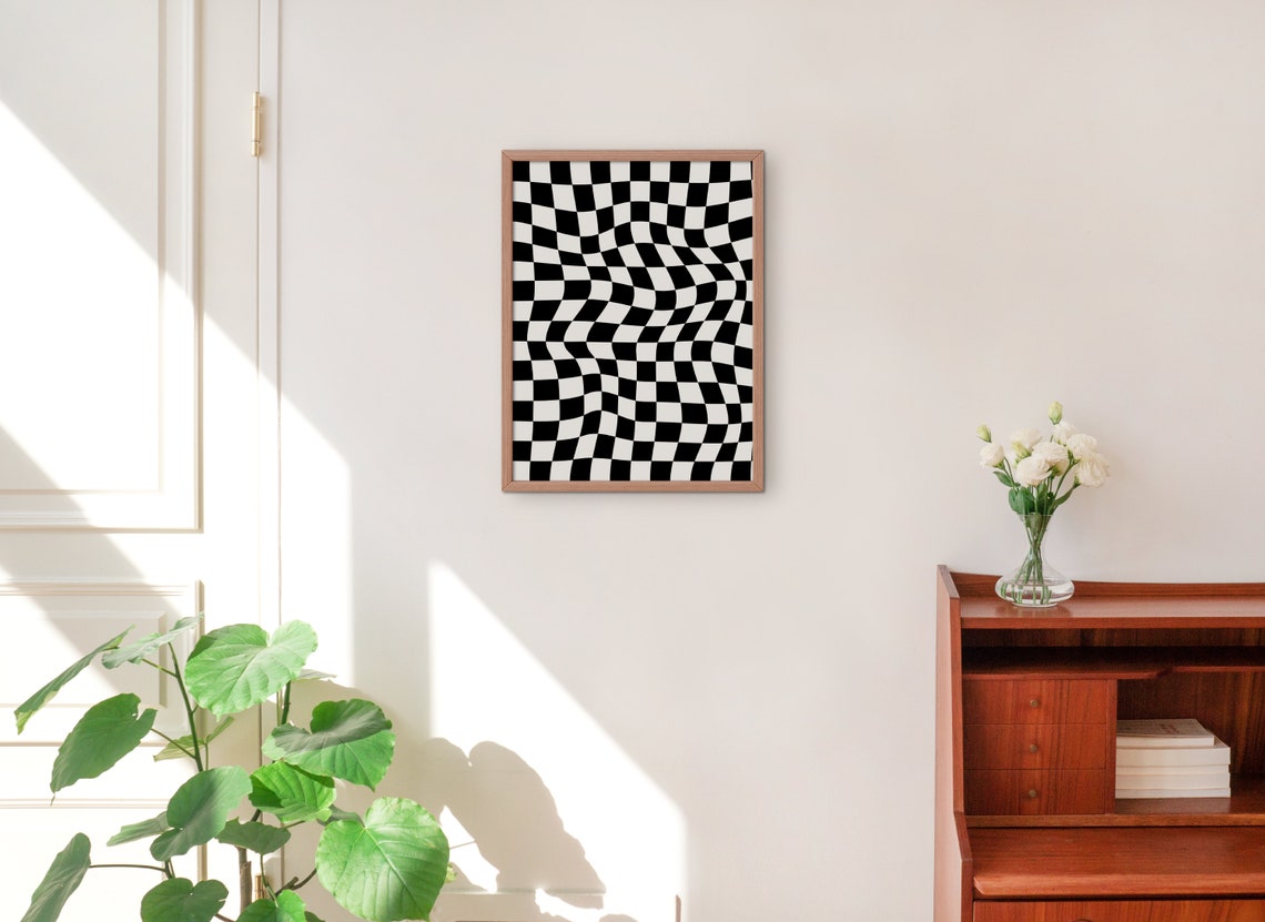 Wavy Black White Checkerboard Pattern Bold Retro Optical Poster - Image 2