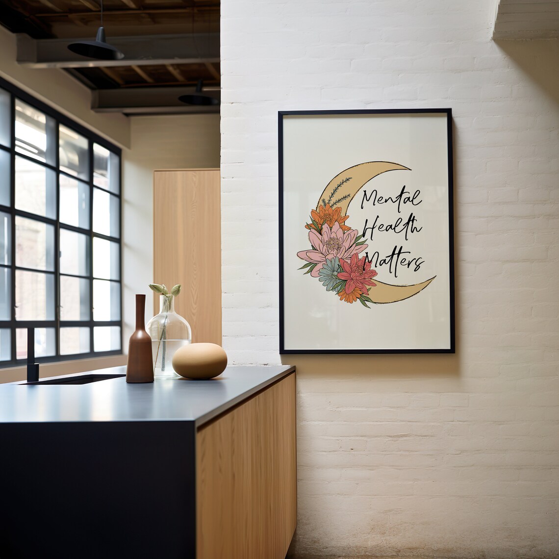 Mental Health Matters Crescent Moon Floral Celestial Quote Poster - Image 3