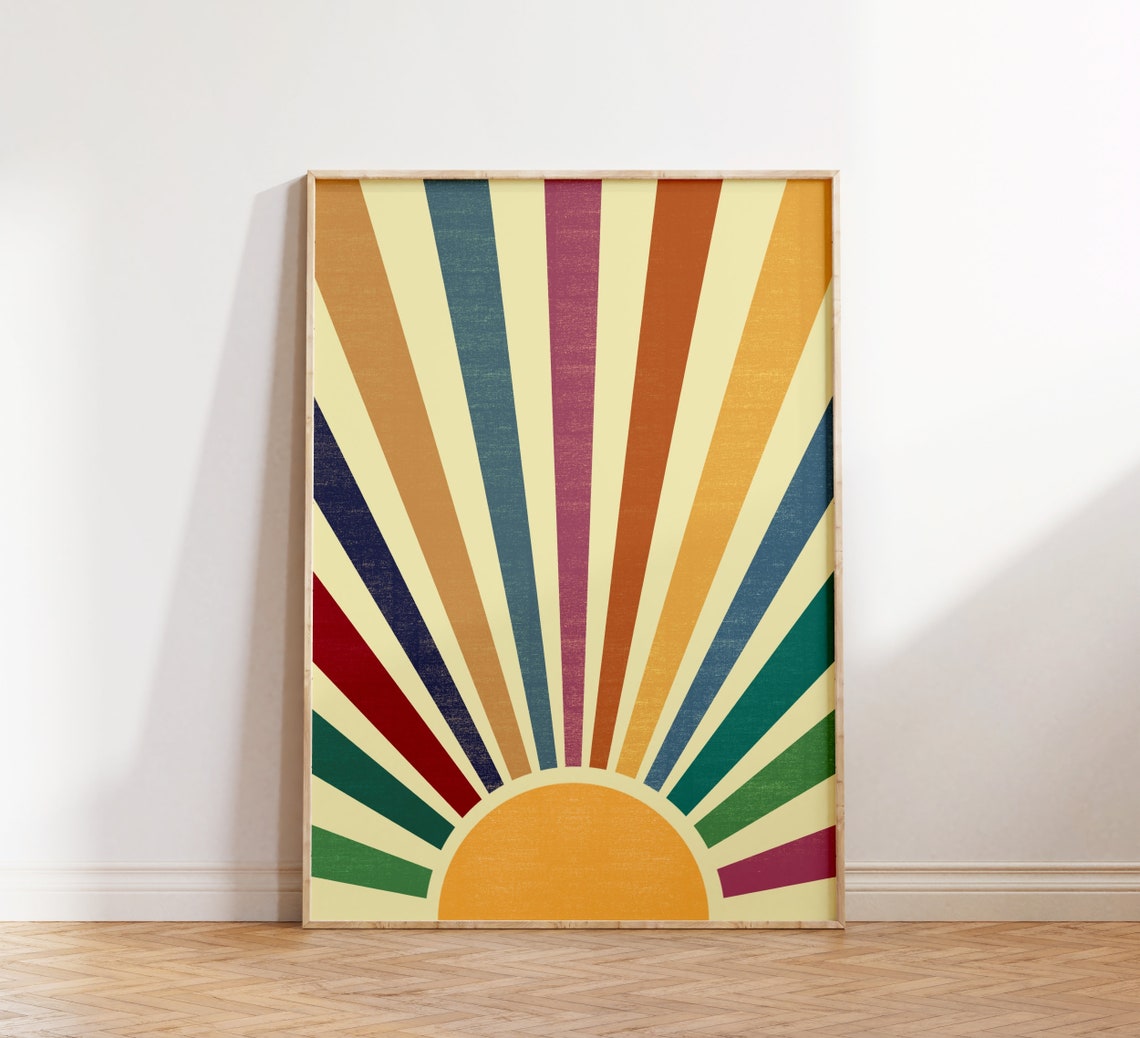 Rainbow Sunburst Colorful Retro Sunrise Boho Striped Art Poster - Image 2