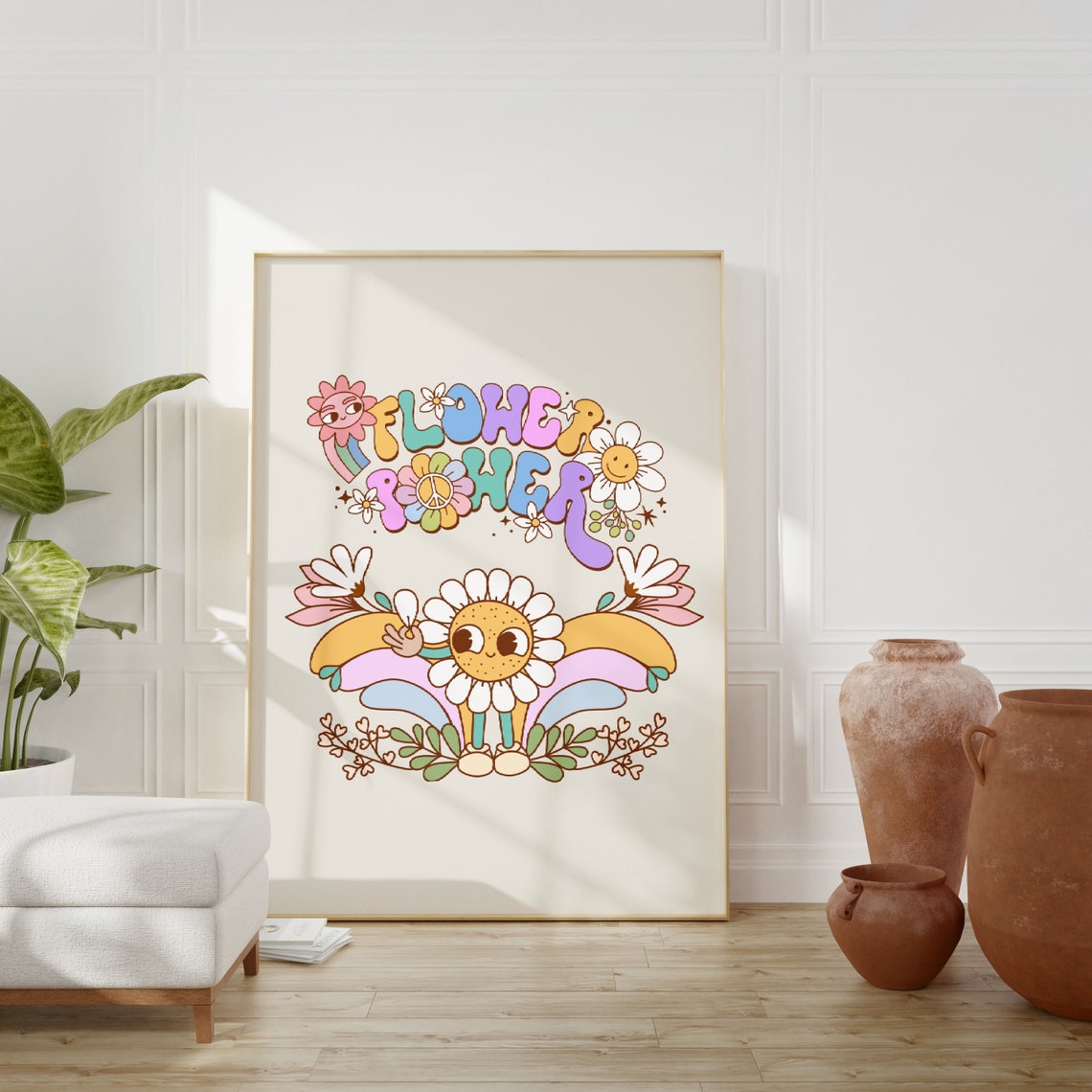 Flower Power Retro Groovy Flower Character Poster Pastel Wall Decor - Image 2