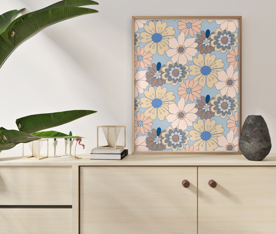 Retro 70s Floral Pattern Blue Pink Yellow Flower Power Poster - Image 4