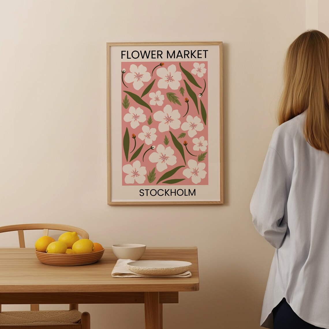 Flower Market Stockholm White Blossom Pink Floral Travel Poster - Image 3