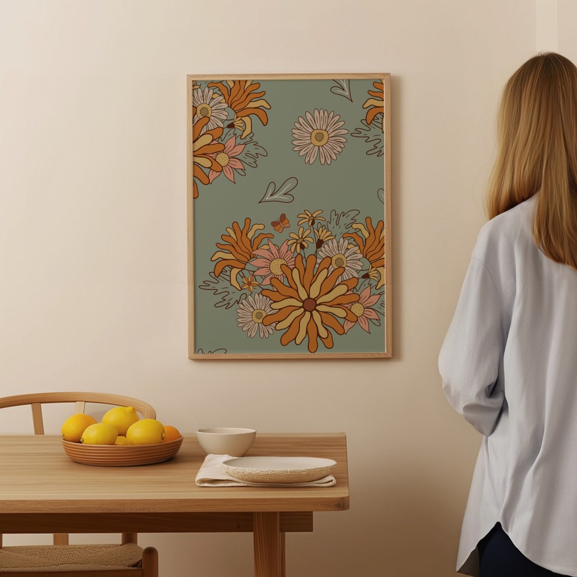 Boho Daisy Floral Pattern Retro Botanical Illustration Poster - Image 2