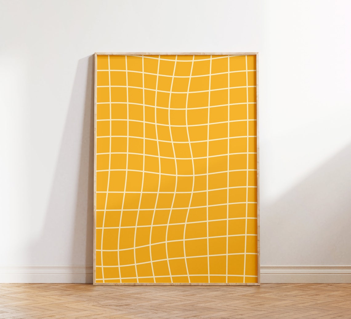 Wavy Yellow Grid Lines Bold Retro Psychedelic Abstract Art Print