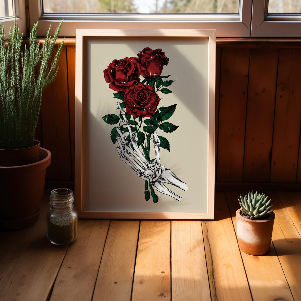 Gothic Skeleton Hand Holding Red Roses Dark Romance Art Poster - Image 3
