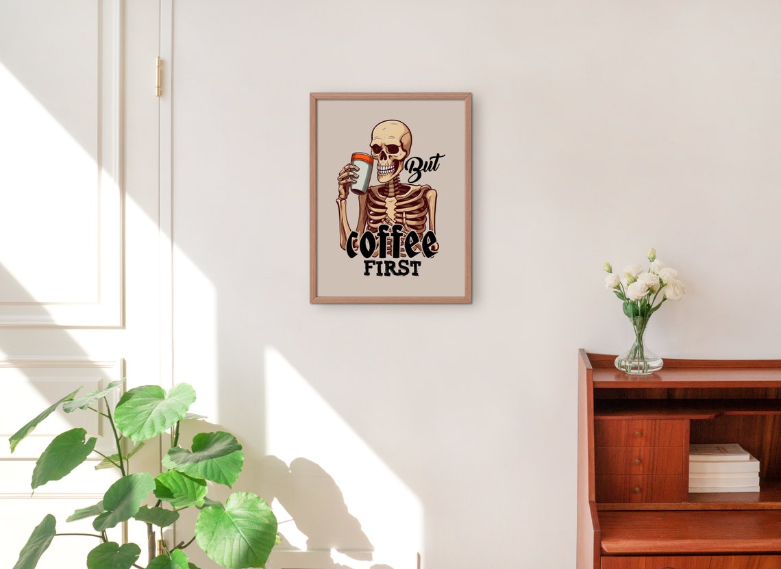 Funny Halloween Skeleton But Coffee First Lover Retro Poster - Image 3