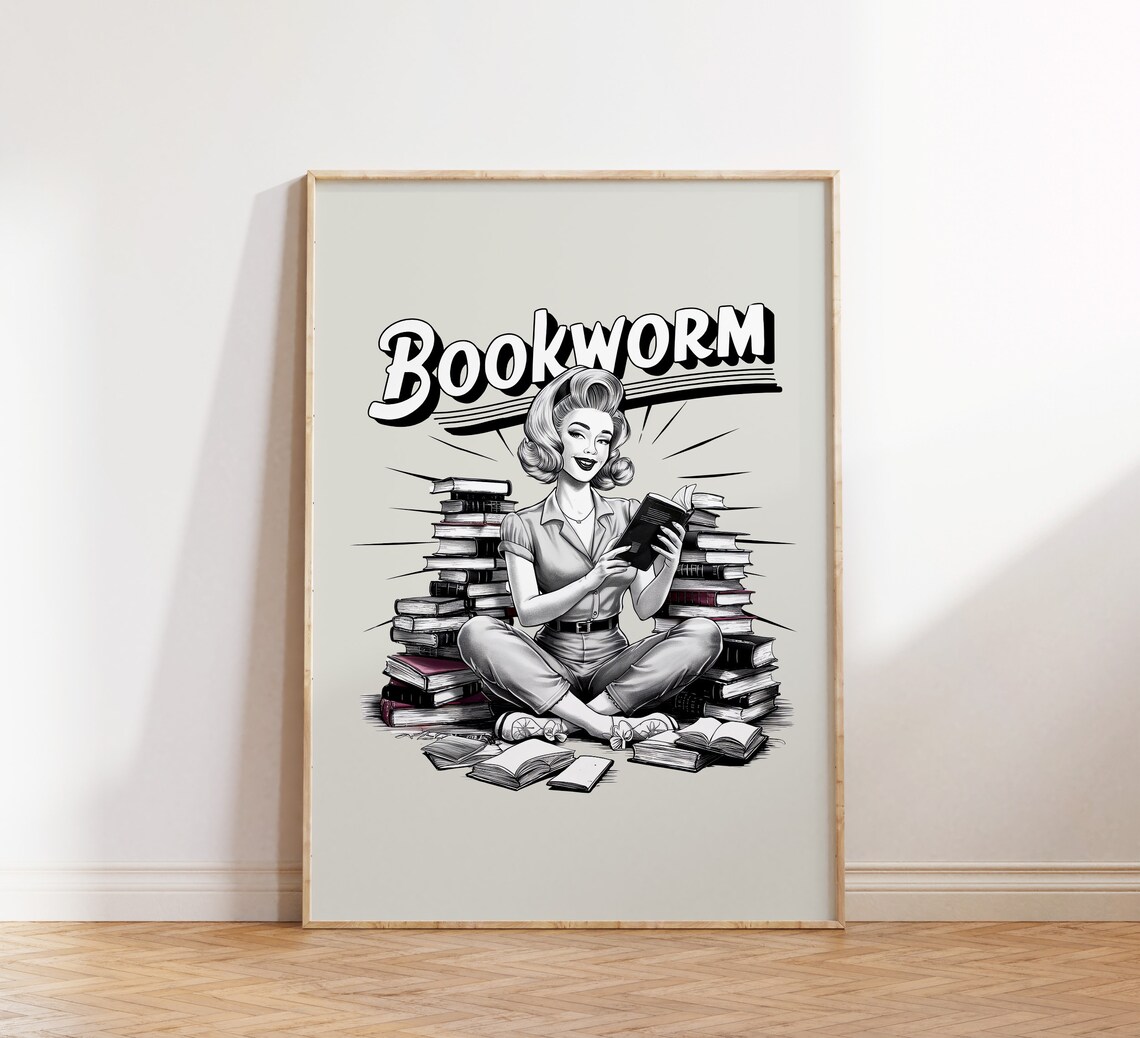 Retro Bookworm Pin Up Woman Reading Stacks Of Books Gift Poster - Image 4
