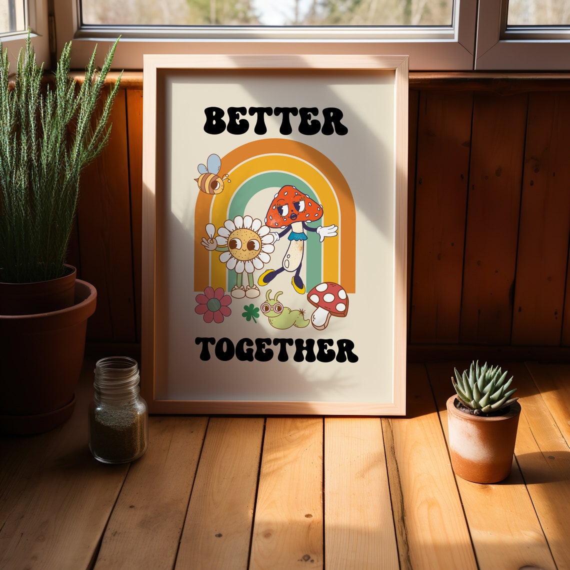 Better Together Mushroom Rainbow Cute Retro Characters Poster - Image 3