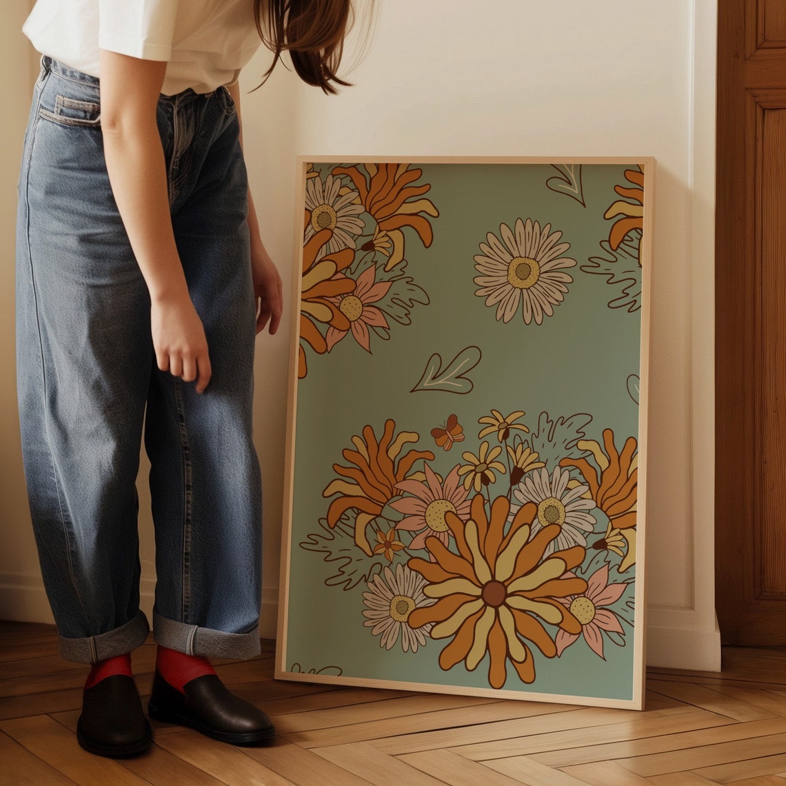 Boho Daisy Floral Pattern Retro Botanical Illustration Poster - Image 4